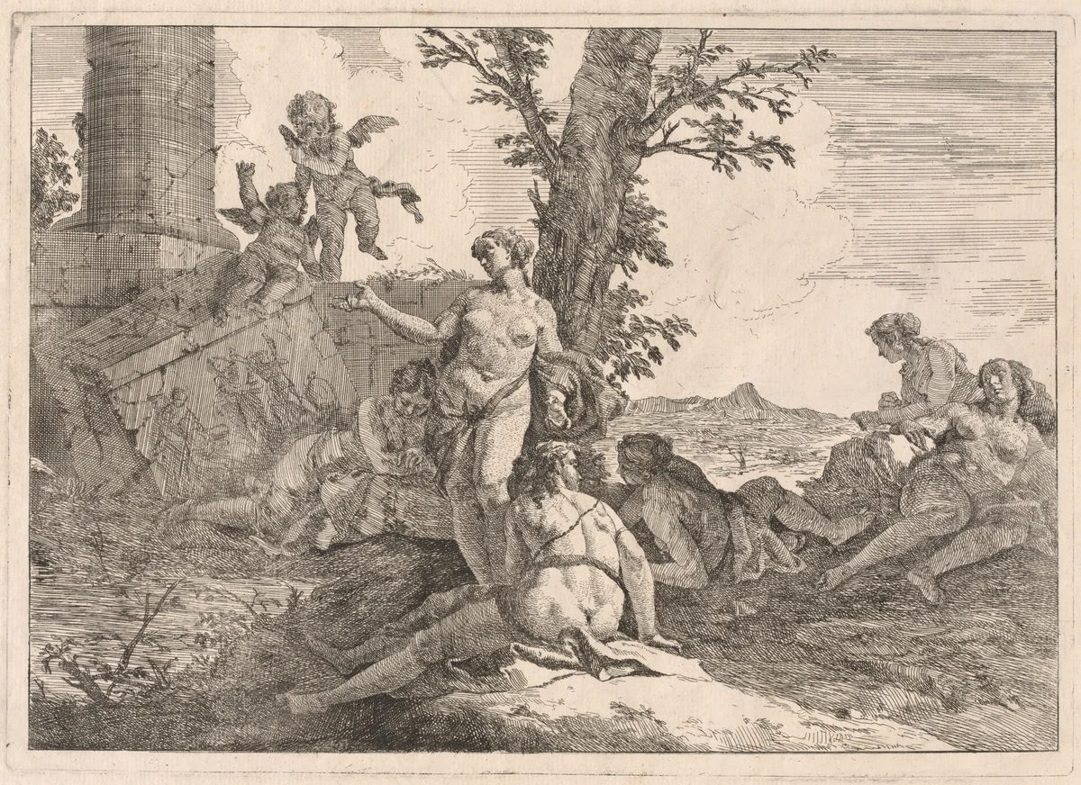 Six Nymphs and Two Cupids in a Landscape by Francesco Fontebasso, print, 1744