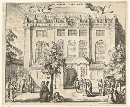 Voorhof en vrouweningang van de Portugese Synagoge te Amsterdam by Romeyn de Hooghe, print, 1695