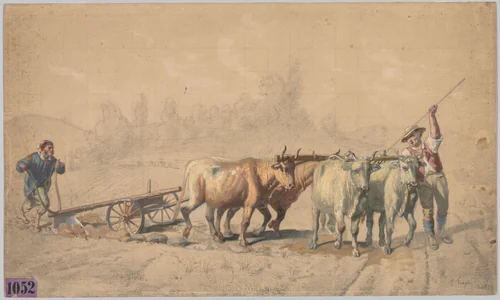 Four Oxen Pulling a Plough by Constant Troyon, drawing, 1848-1858