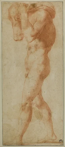 Male Nude Walking to Left, Carrying Burden on His Shoulders by Rosso Fiorentino, drawing, 1500-1600