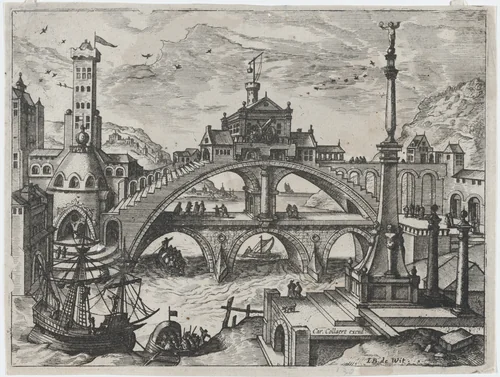 Riverscape with a Double Bridge by Lucas Gassel, print, 1555-1575