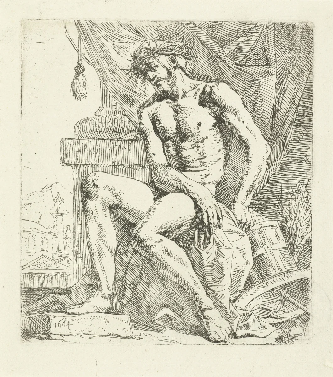 Man van Smarten, zittend op een steen by Leendert van der Cooghen, print, 1664