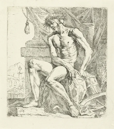 Man van Smarten, zittend op een steen by Leendert van der Cooghen, print, 1664