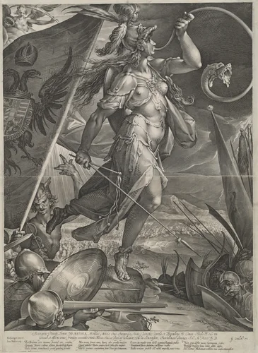 Bellona Leading the Imperial Armies Against the Turks by Jan Muller, print, 1600