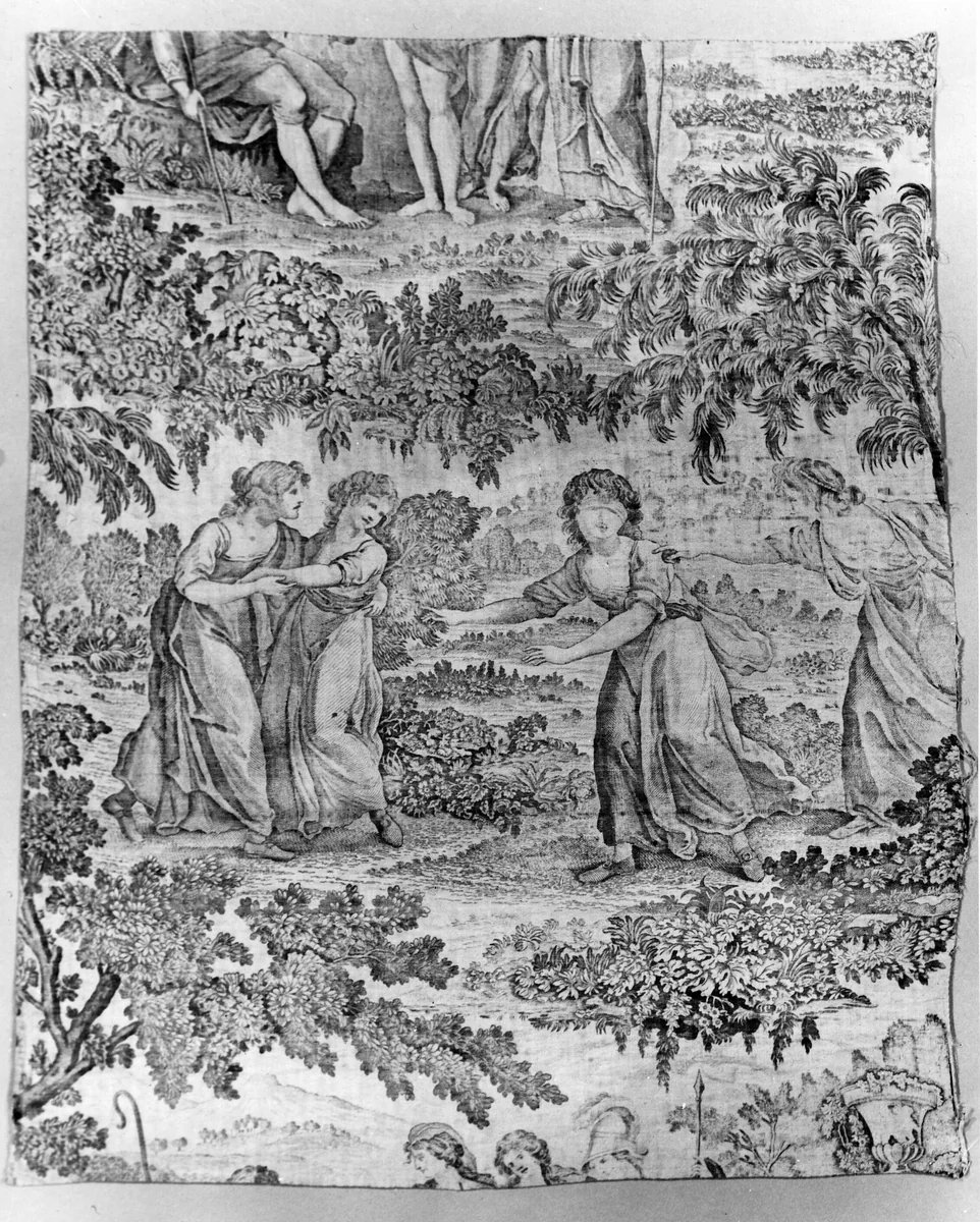 Judgement of Paris and Blindman's Bluff (Furnishing Fabric) by England, textile, 1785-1800