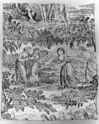 Judgement of Paris and Blindman's Bluff (Furnishing Fabric) by England, textile, 1785-1800