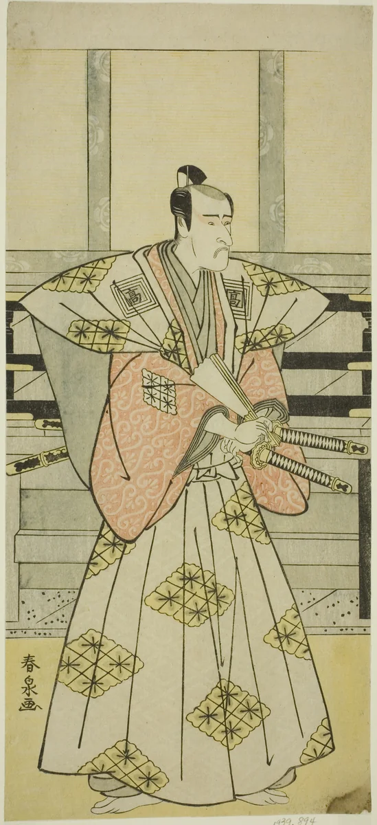 The Actor Ichikawa Komazo III as Fuji Sakon (?) in the Play Egara Tenjin Risho Kagami (?), Performed at the Nakamura Theater (?) in the Third Month, 1789 (?) by Katsukawa Shunsen, print, 1784-1794