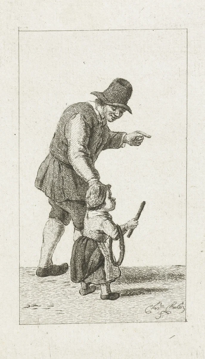 Staande man met kind met hoepel by Pieter de Mare, print, 1779
