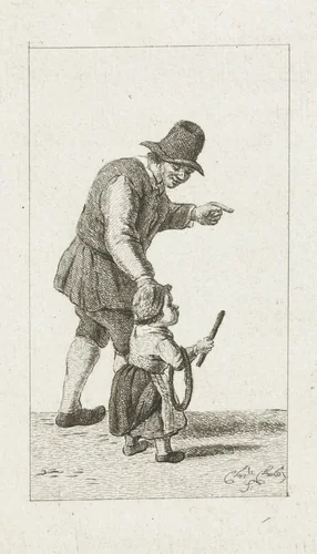 Staande man met kind met hoepel by Pieter de Mare, print, 1779
