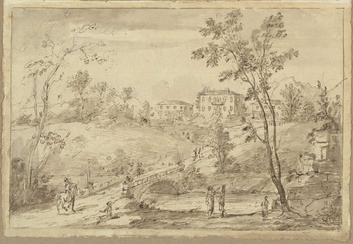 Landscape with a Bridge by Francesco Zuccarelli, drawing, 1702-1788