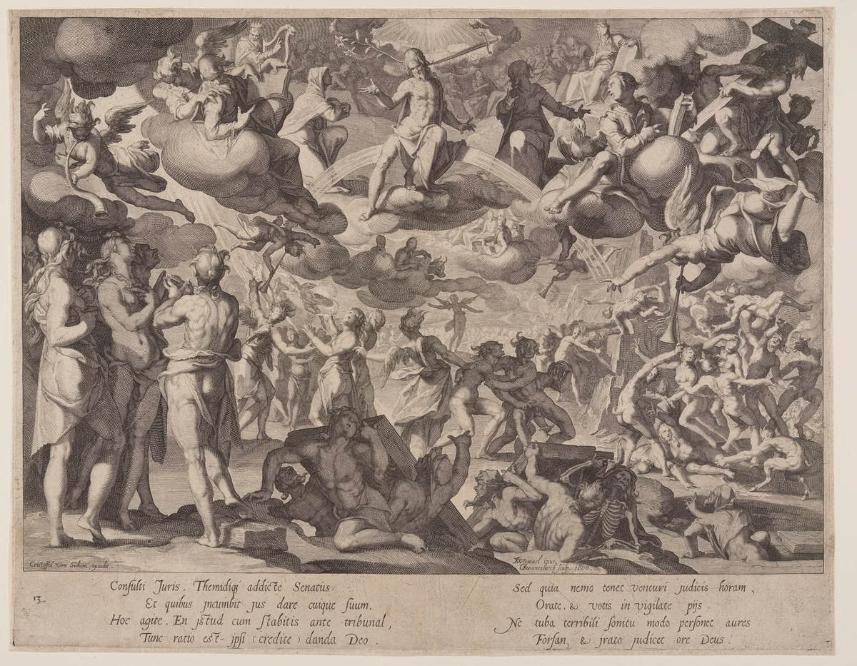 Last Judgement, plate 13 from Thrones of Justice (Thronus Iustitiae) by Willem van Swanenburgh, print, 1606