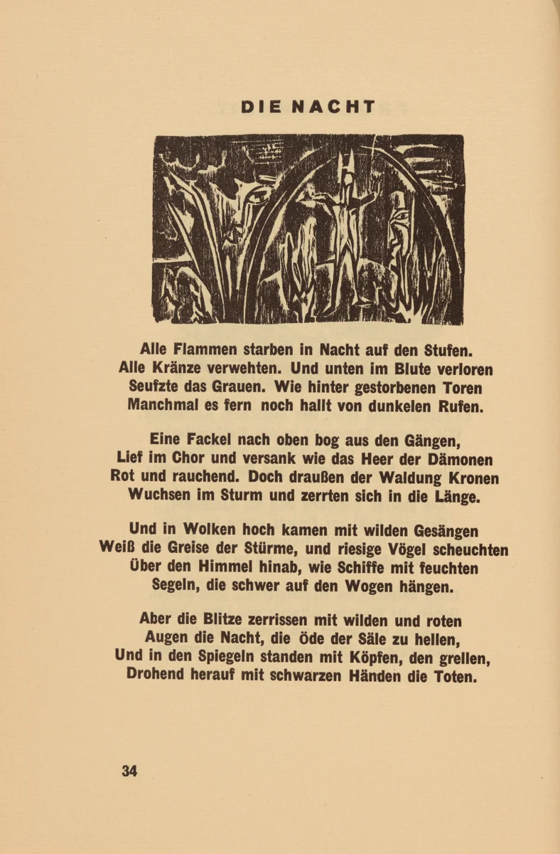 Die Nacht (The Night) (headpiece, page 34) from Georg Heym: Umbra Vitae (Georg Heym: The Shadow of Life) by Ernst Ludwig Kirchner, volume, 1924