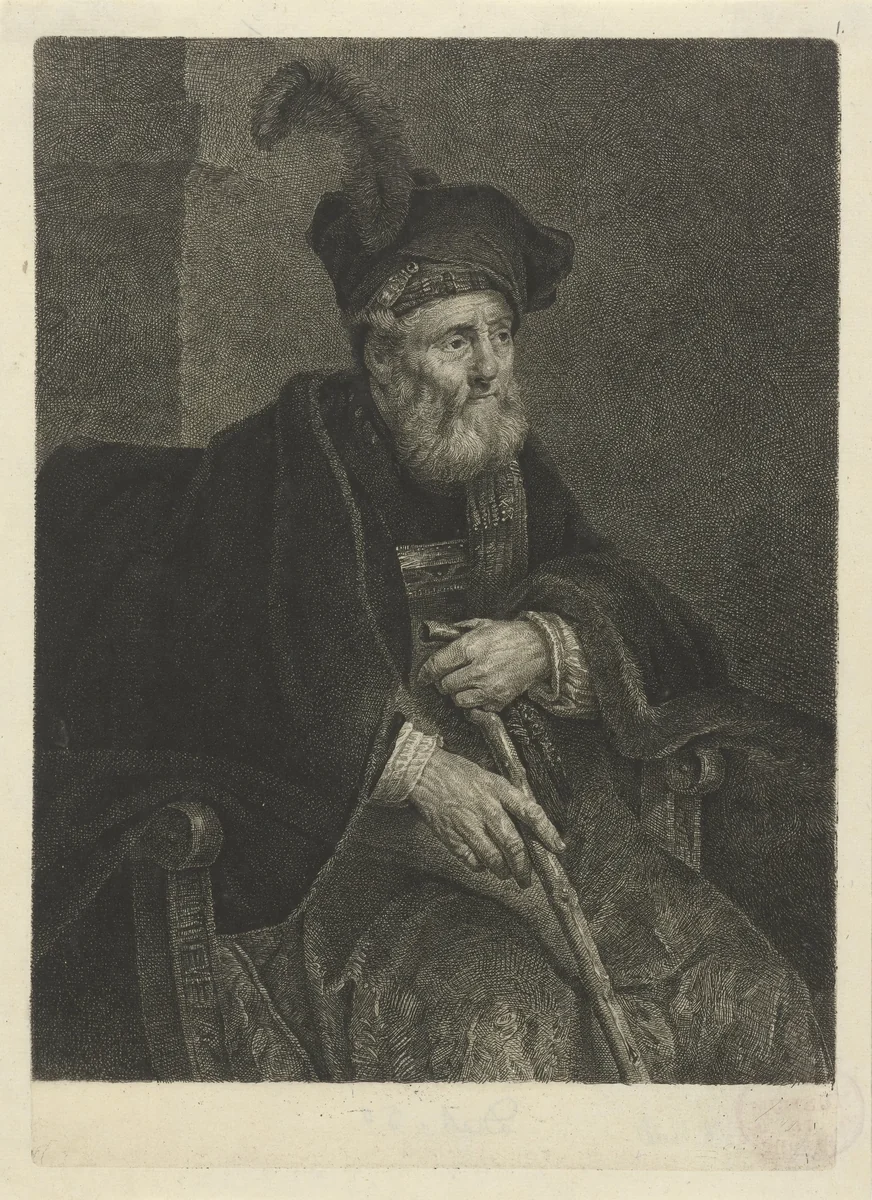 Portret van een onbekende oude man in een stoel by Johannes Pieter de Frey, print, 1797