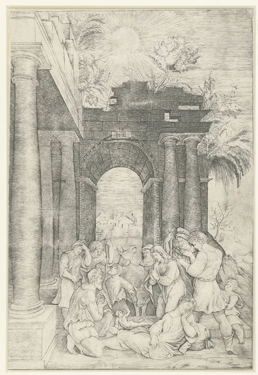 Aanbidding door de herders by Unknown, print, 1500-1550