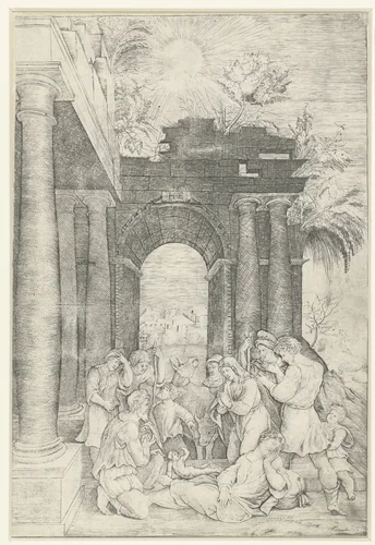 Aanbidding door de herders by Unknown, print, 1500-1550