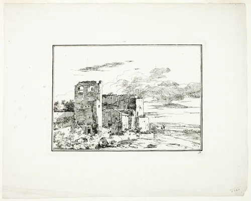 Ruined Buildings near a River Bank, plate 9 from Quatrieme suite de paysages dessinés et grave a l’eau-forte par Moreau (Fourth Series of Landscapes Drawn and Etched by Moreau) by Louis Gabriel Moreau, print, 1778-1779