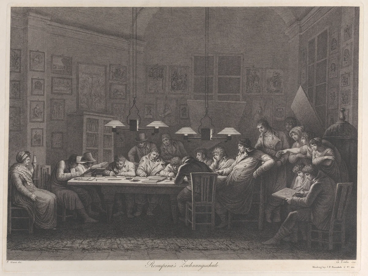 Rosaspina's drawing academy: class of students sketching seated around a table with Rosaspina at the end of the table with women and other spectators by Giulio Tomba, print, 1811