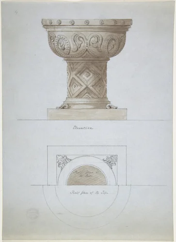 Romanesque Style Font and Plan by anonymous, drawing, 1840-1870