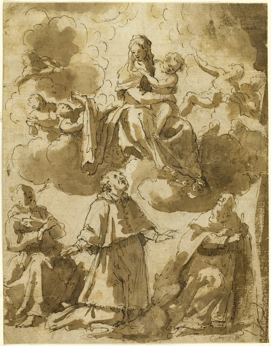 Madonna and Child in Glory, with Three Male Saints Below by Francesco Vanni, drawing, 1583-1625
