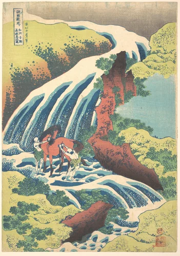 “The Waterfall Where Yoshitsune Washed His Horse at Yoshino in Yamato Province,” from the series A Tour of Waterfalls in Various Provinces by Katsushika Hokusai (葛飾 北斎), print, 1822-1842
