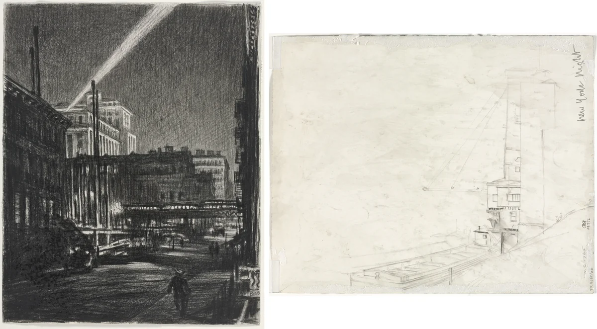 New York Night (recto) Study for New York Night (verso) by Muirhead Bone, drawing, 1920-1940