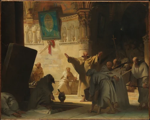 Dramatic Scene with Monks in a Crypt by Alexandre-Evariste Fragonard, painting, 1800-1850