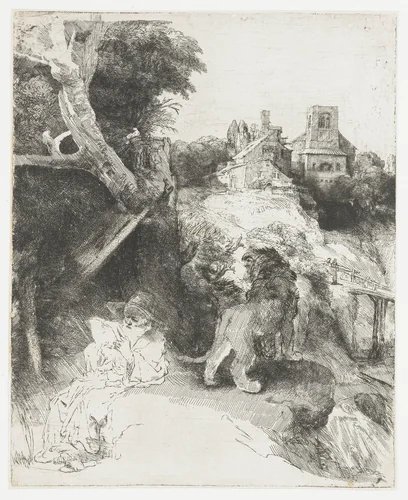 St Jerome reading in an Italian landscape by Rembrandt van Rijn, print, 1653