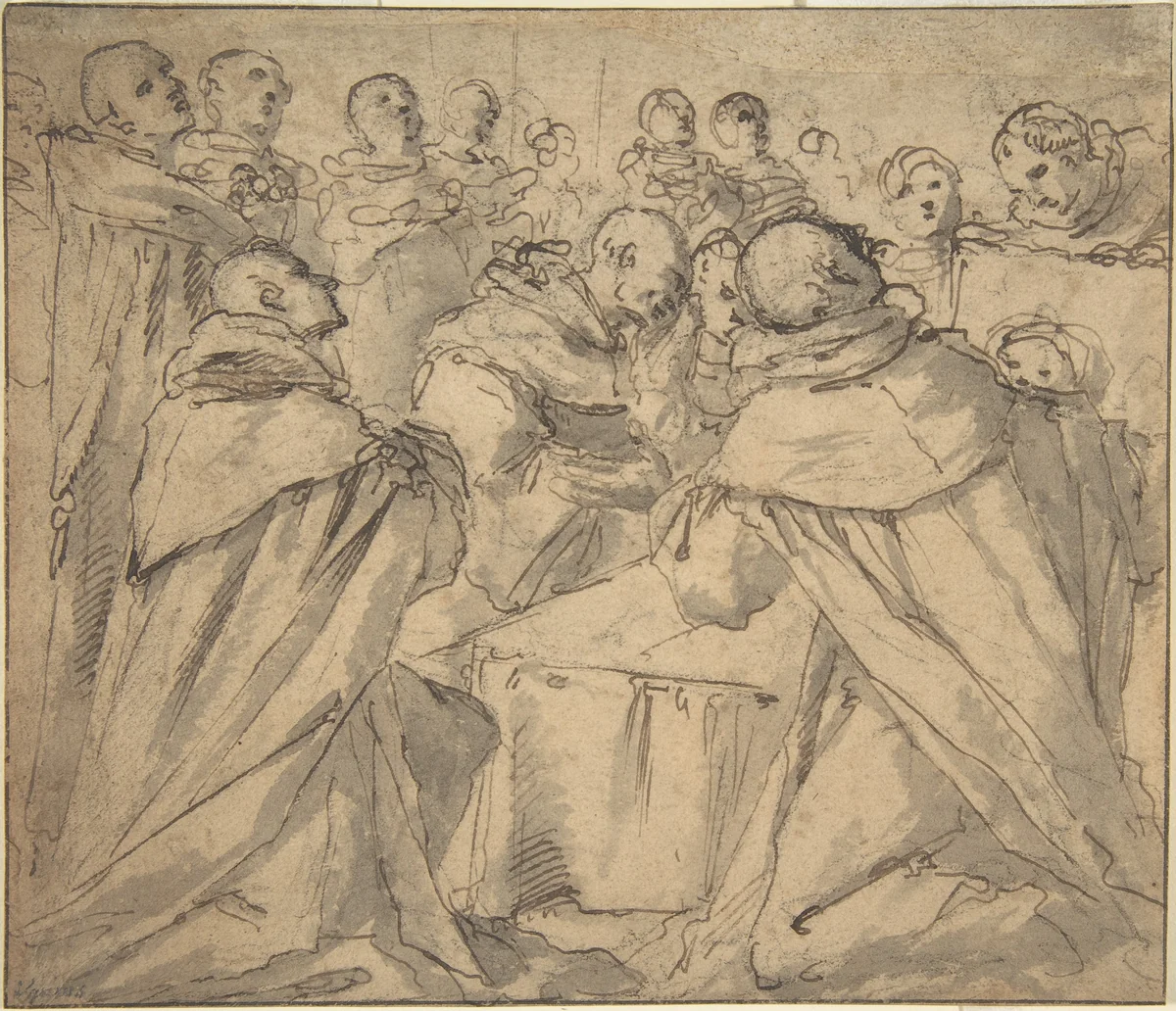 Deathbed Scene with Monks by anonymous, drawing, 1580-1600