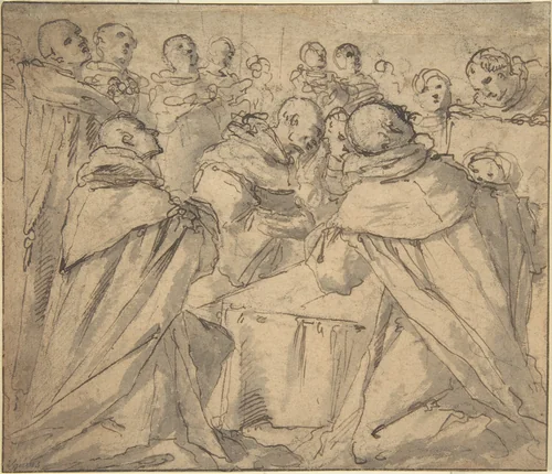 Deathbed Scene with Monks by anonymous, drawing, 1580-1600