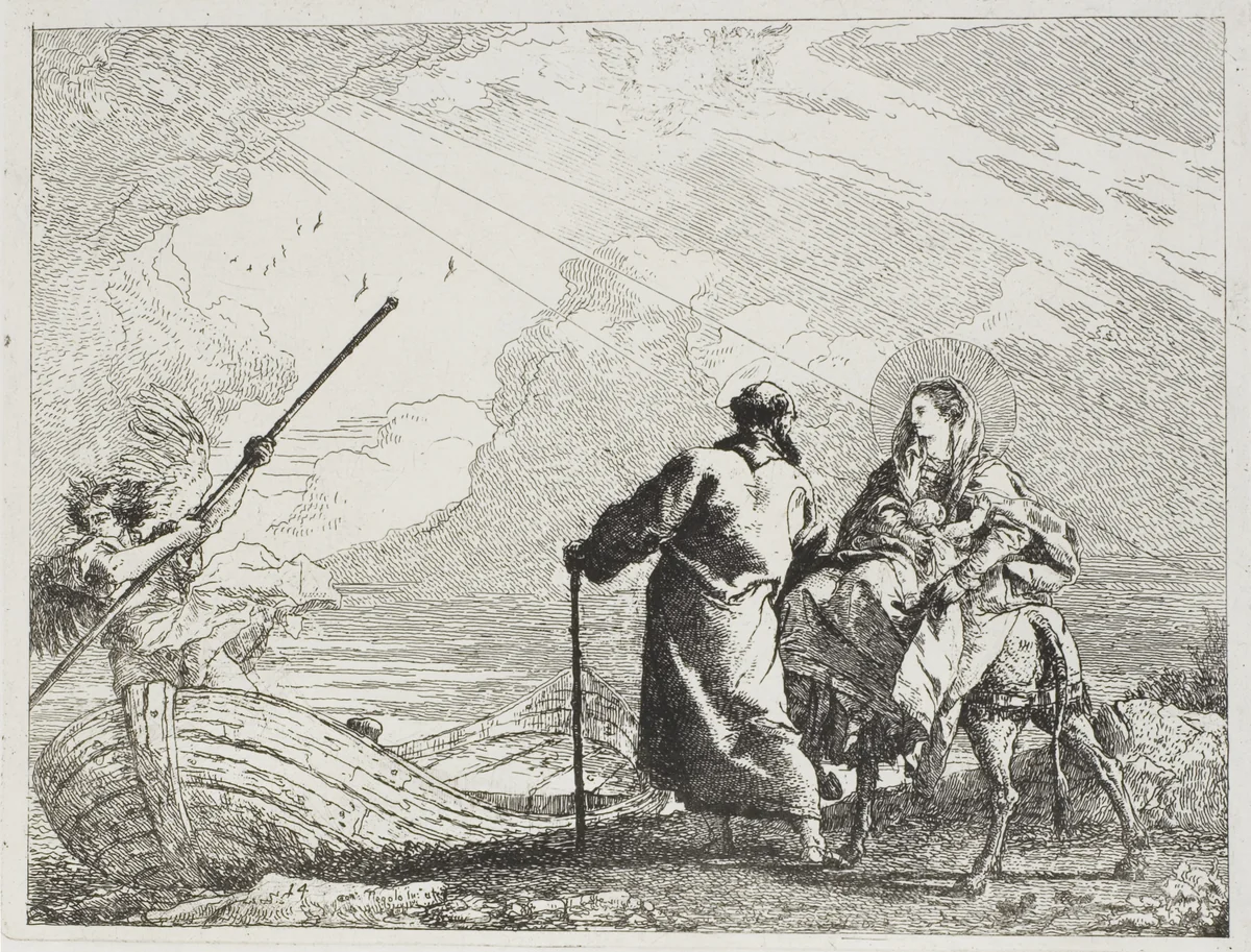 The Holy Family on the Bank of a River, plate fourteen from The Flight into Egypt by Giovanni Domenico Tiepolo, print, 1753