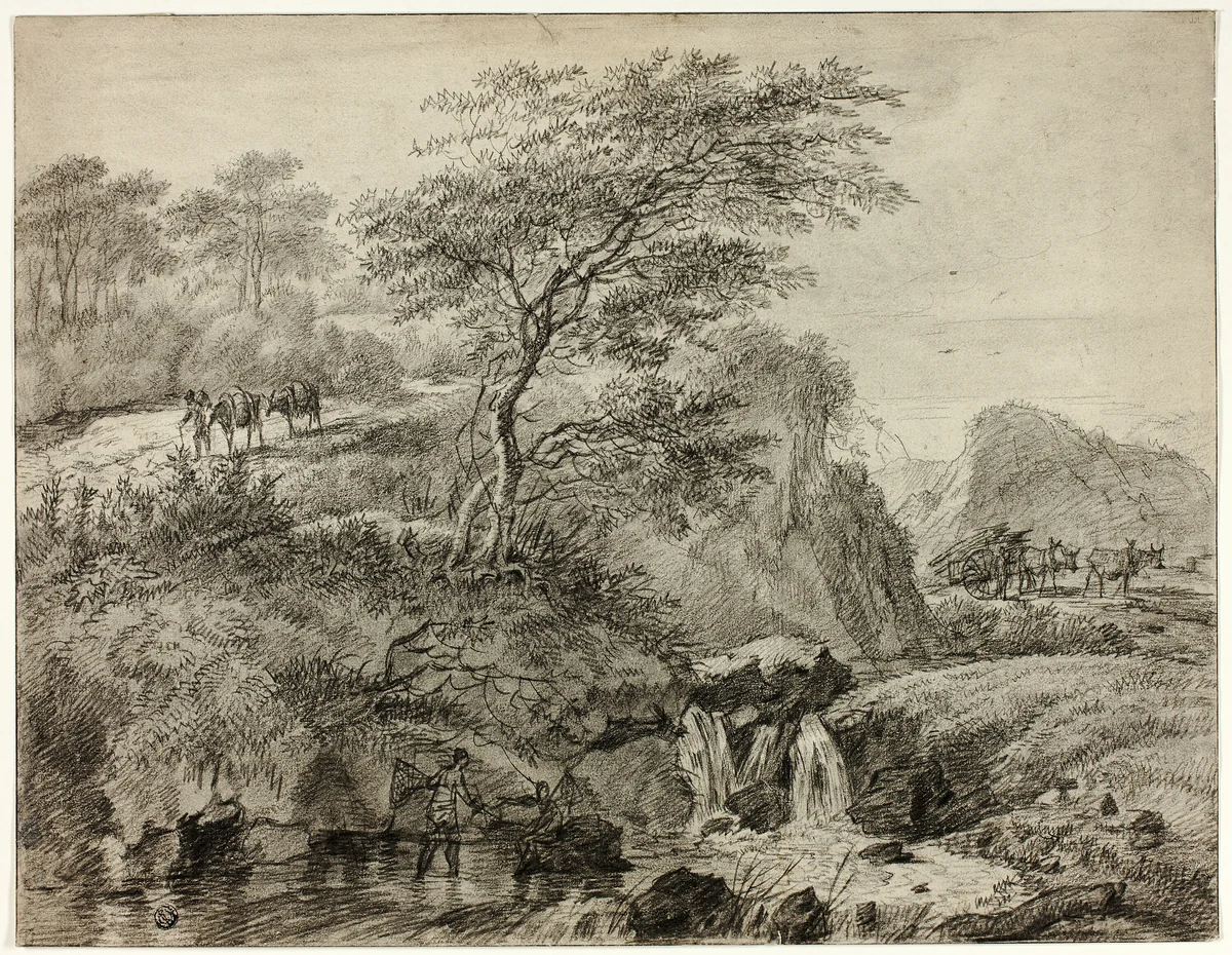 Hilly Landscape with Figures Beside Waterfall by Gerard van Nijmegan, drawing, 1785