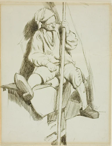 Man Seated, Holding Staff in Left Hand by Charles Samuel Keene, drawing, 1855-1874