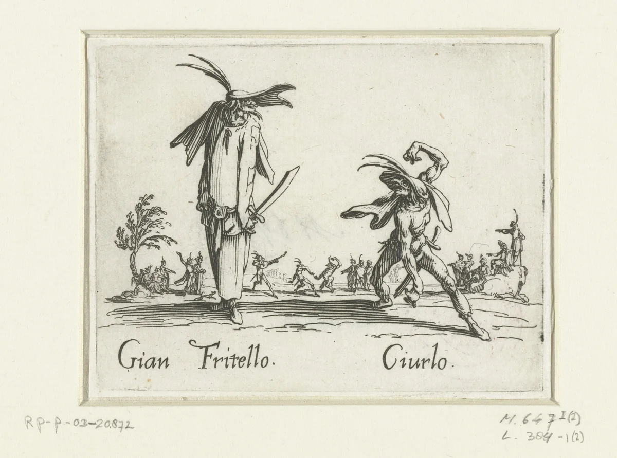 Twee straatartiesten als Gian Fritello en Ciurlo by Jacques Callot, print, 1621-1622
