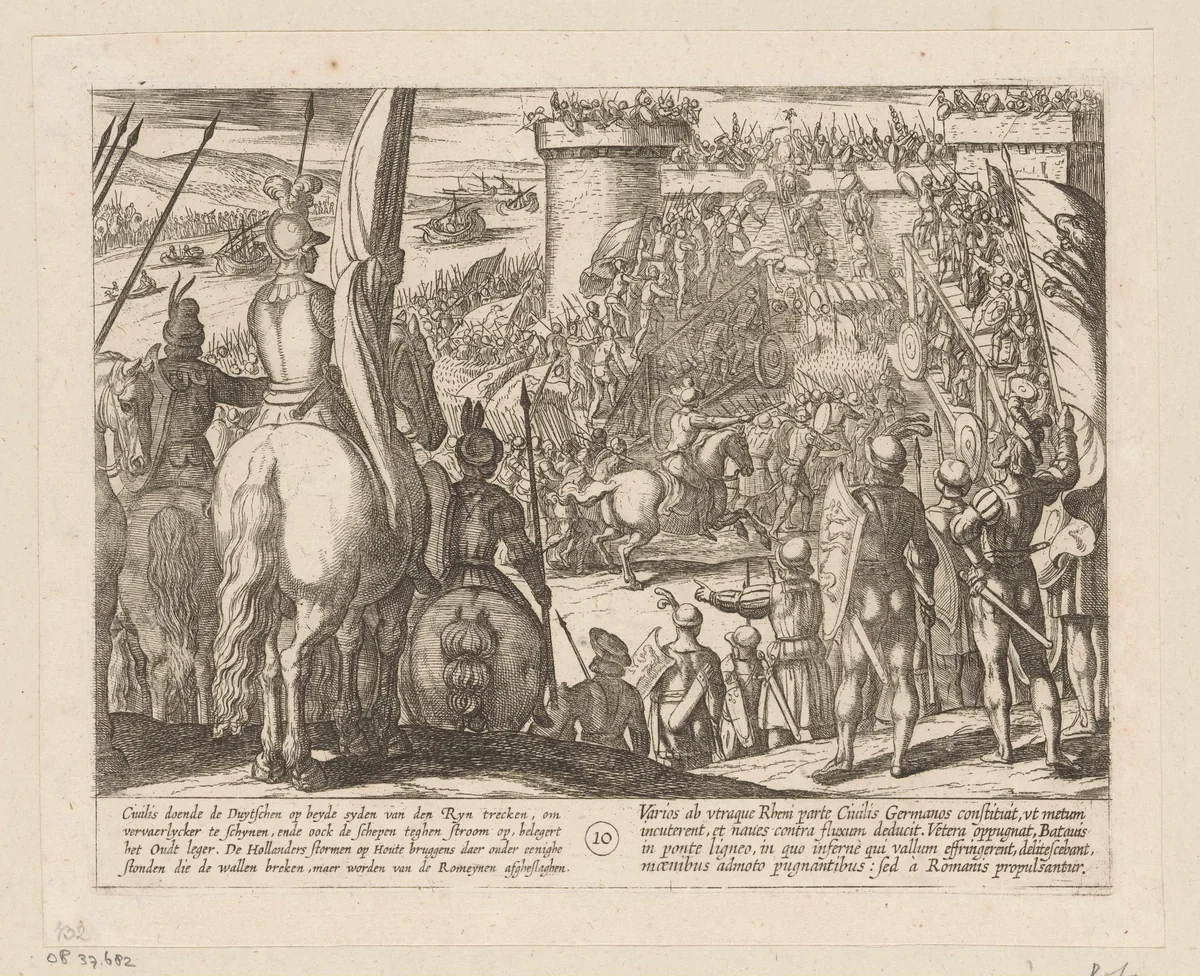 Civilus gebruikt verplaatsbare houten bruggen bij de aanval op een vesting, 69-70 by Antonio Tempesta, print, 1612