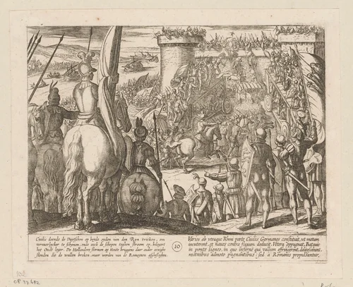 Civilus gebruikt verplaatsbare houten bruggen bij de aanval op een vesting, 69-70 by Antonio Tempesta, print, 1612