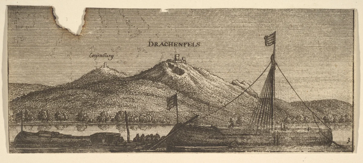 Drachenfels and Lowenburg, from "German Views" by Wenceslaus Hollar, print, 1652-1677