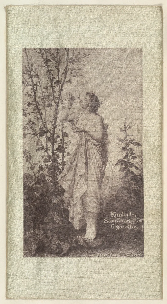 Woman smelling blossom on tree (on green silk), from the Girl Art Subjects series (N193) issued by Wm. S. Kimball & Co. by William S. Kimball & Company, print, 1887-1894