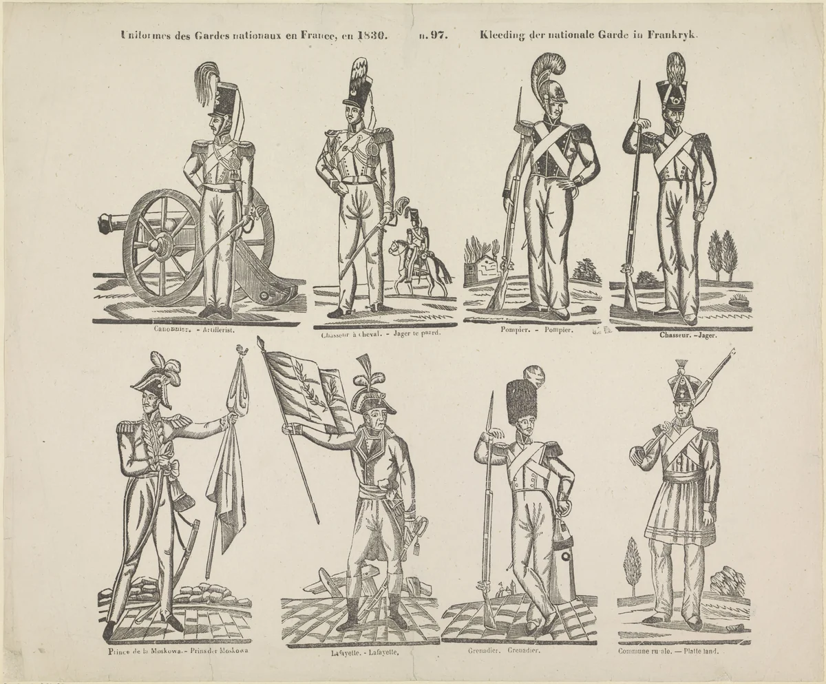 Uniformes des gardes nationaux en France, en 1830 / Kleeding der nationale garde in Frankryk by Philippus Jacobus Brepols, print, 1830-1833