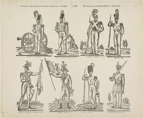 Uniformes des gardes nationaux en France, en 1830 / Kleeding der nationale garde in Frankryk by Philippus Jacobus Brepols, print, 1830-1833