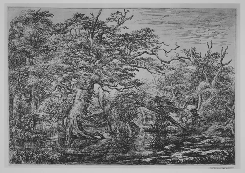 A Forest Marsh with Travelers on a Bank (The Travelers) by Jacob van Ruisdael, print, 1628-1682