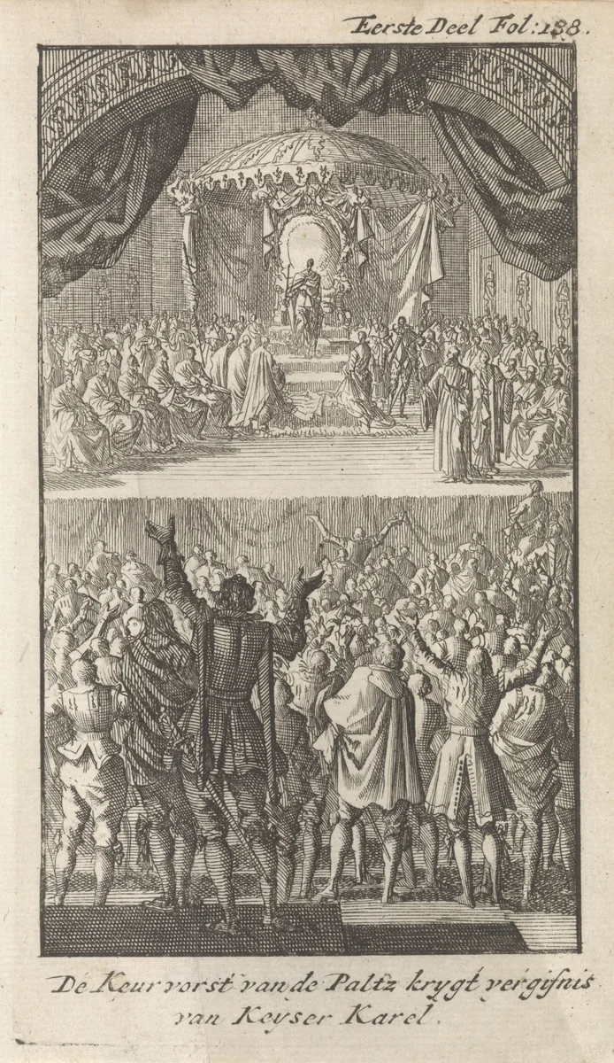 Frederik II, keurvorst van de Palts, smeekt om vergiffenis bij Karel V, 1546 by Jan Luyken, print, 1730