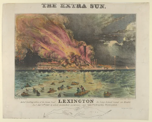 Awful Conflagration of the Steam Boat Lexington in Long Island Sound on Monday Eve, January 13th, 1840, by which melancholy occurrence, over 100 Persons Perished by William Keesey Hewitt, print, 1840