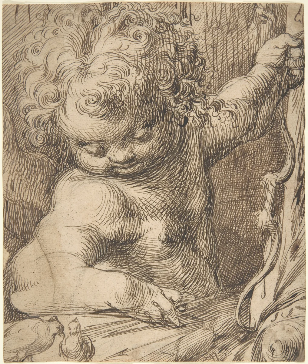 Cupid with Two Doves by Toussaint Dubreuil, drawing, 1567-1619