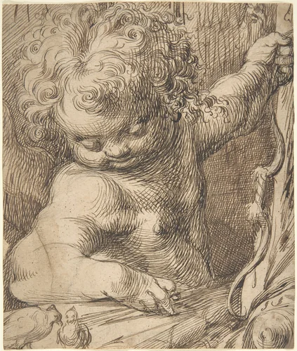 Cupid with Two Doves by Toussaint Dubreuil, drawing, 1567-1619