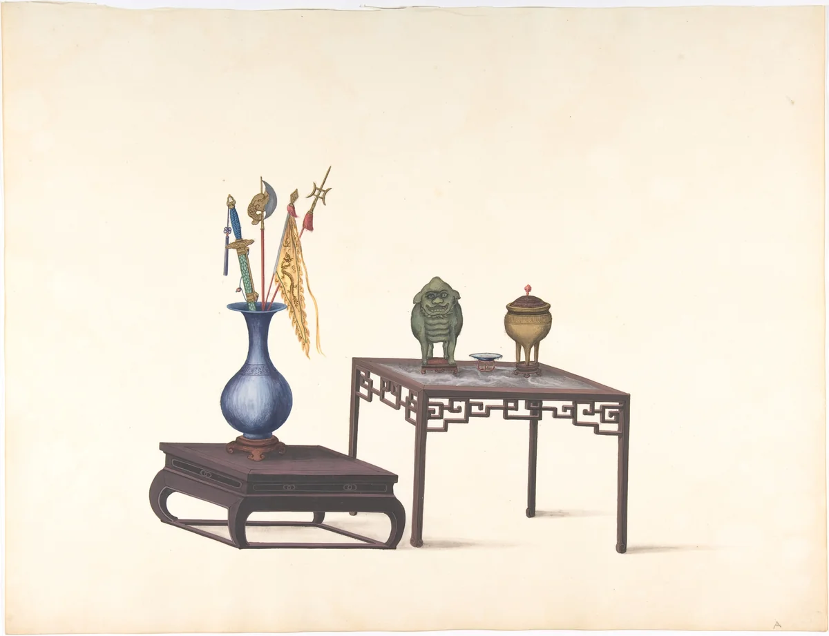 Two Tables, One Low with Large Vase and Objects, One Higher with Covered Pot, Lion and Small Bowl by anonymous, drawing, 1800-1900