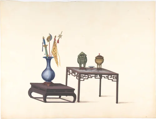 Two Tables, One Low with Large Vase and Objects, One Higher with Covered Pot, Lion and Small Bowl by anonymous, drawing, 1800-1900