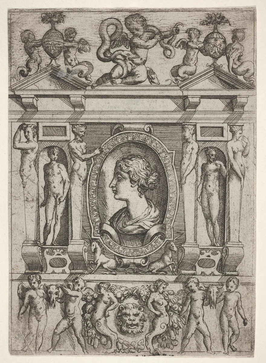 Bust of a woman in profile facing left, set in an elaborate frame with figures in niches at left and right by Battista Angolo del Moro, print, 1535-1580