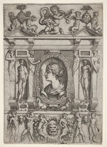 Bust of a woman in profile facing left, set in an elaborate frame with figures in niches at left and right by Battista Angolo del Moro, print, 1535-1580