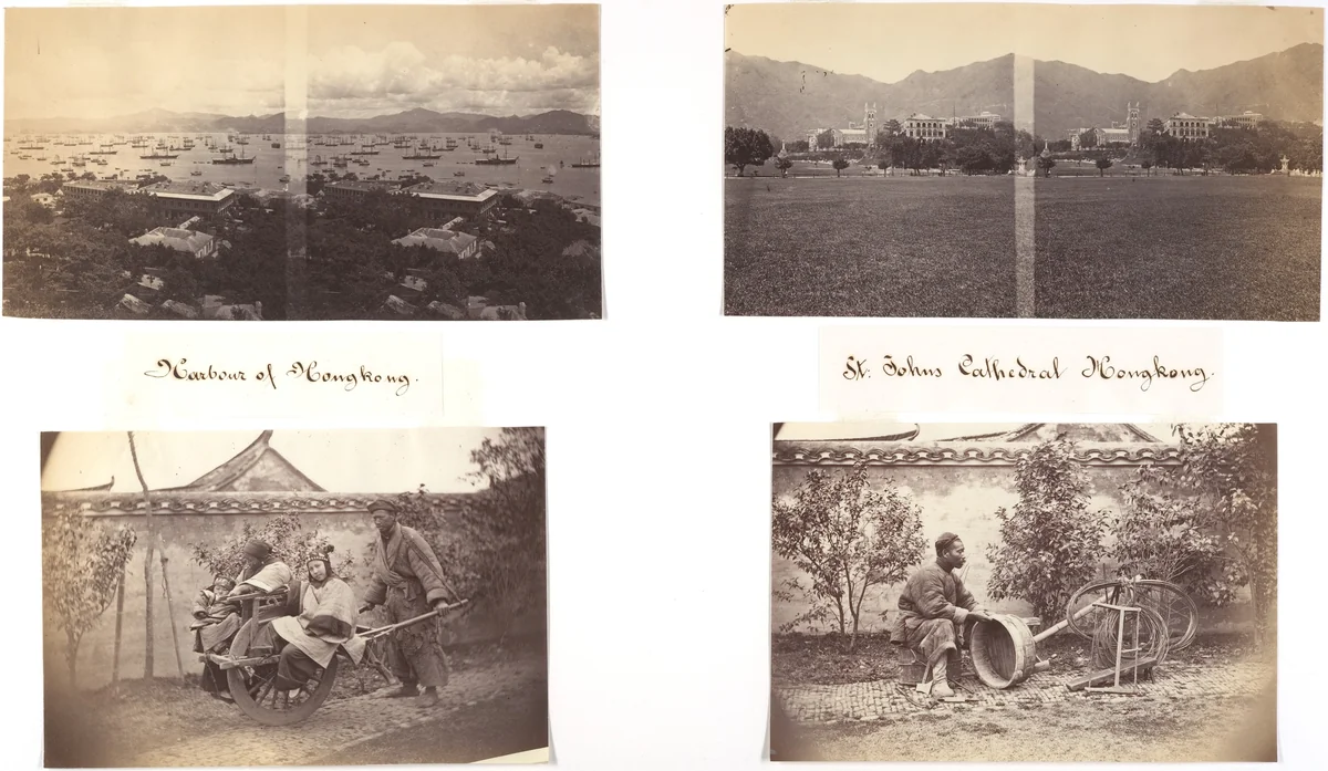 Harbour of Hongkong; St Johns Cathedral Hongkong; Carriage; Tub Mending, North of China by John Thomson, photograph, 1869