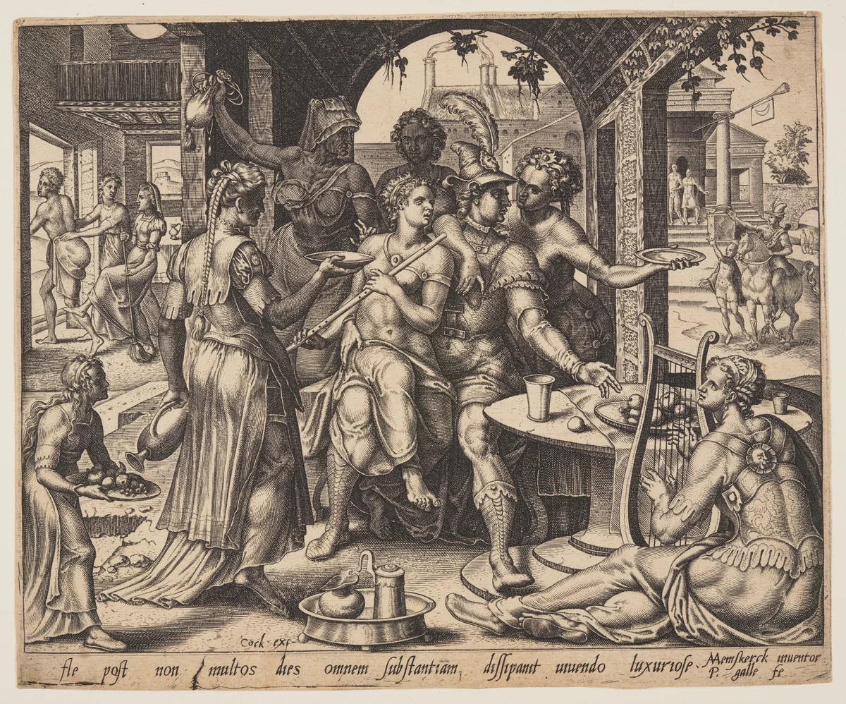 The Prodigal Son Squandering his Inheritance on Harlots, from The Parable of the Prodigal Son by Philips Galle, print, 1562